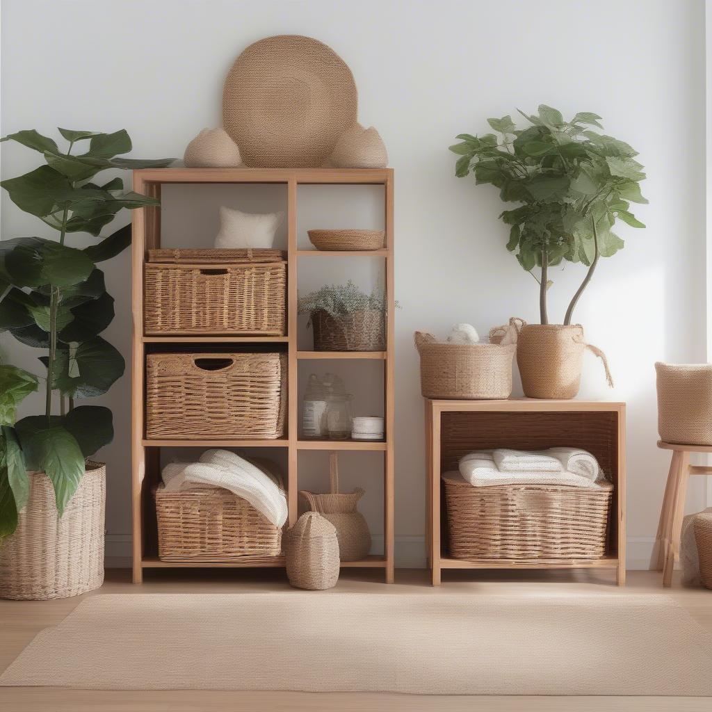 Wood storage unit with wicker baskets in a living room setting