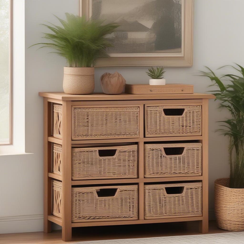 Wood and wicker 4 drawer storage unit in a natural-toned living room, showcasing its rustic charm and practicality.