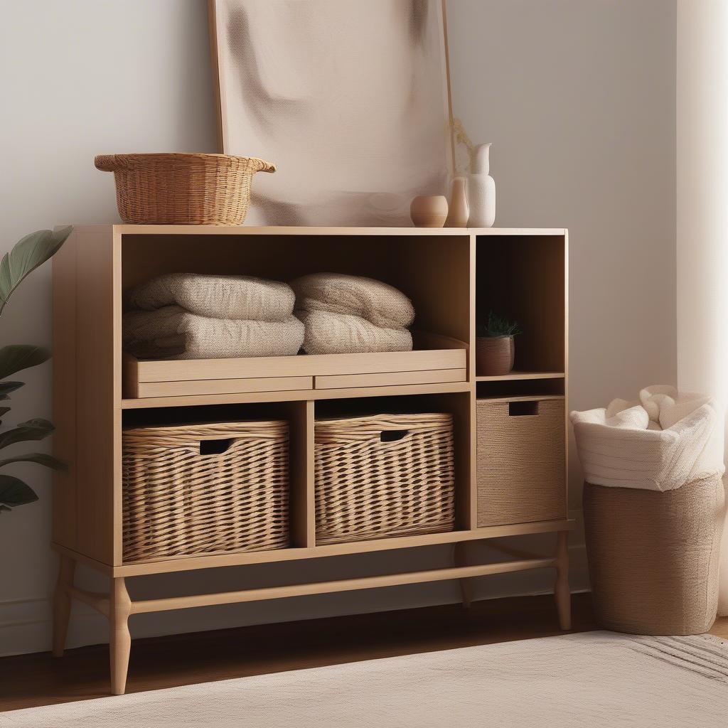 Wood Wicker Basket Cabinet in a Living Room