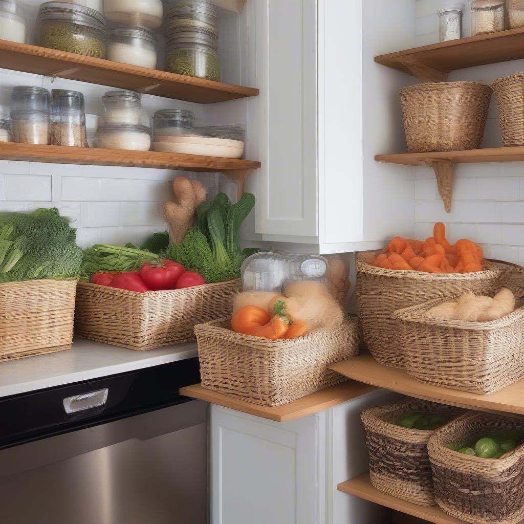 Organized kitchen with wood wicker vegetable baskets for storage