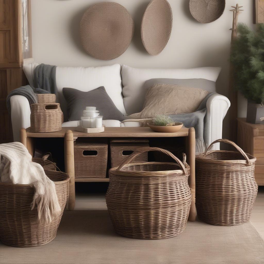 Wood and wicker basket storage in a living room setting