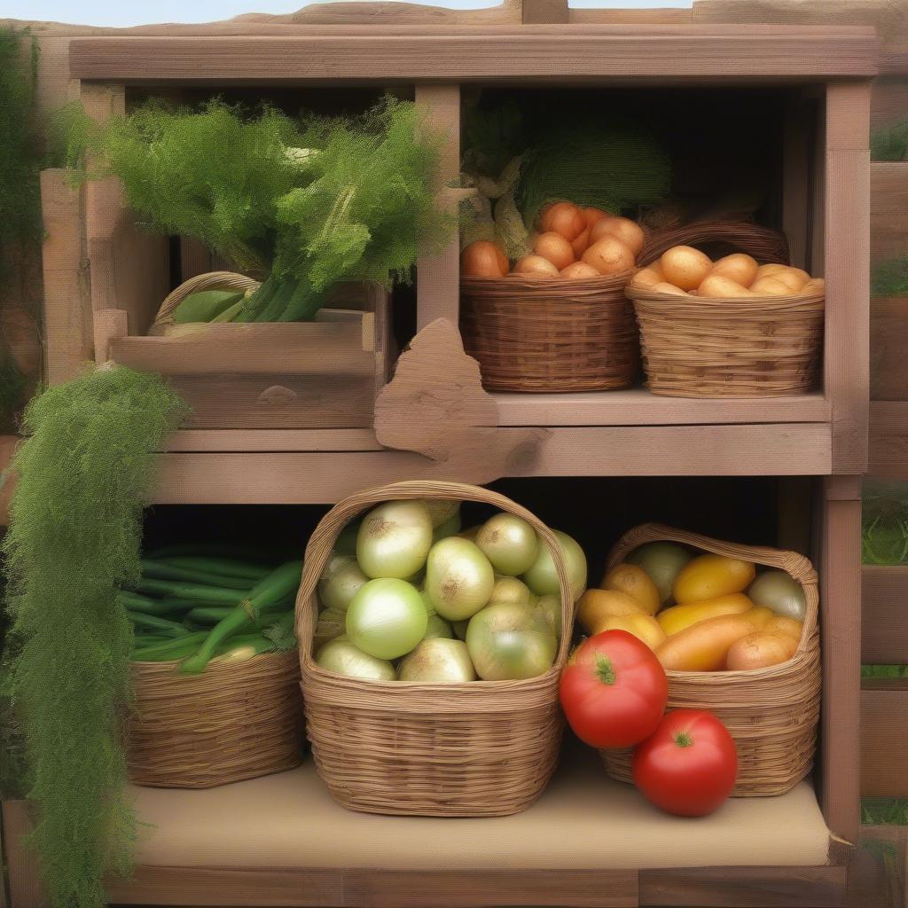 Different vegetables stored in wood wicker baskets