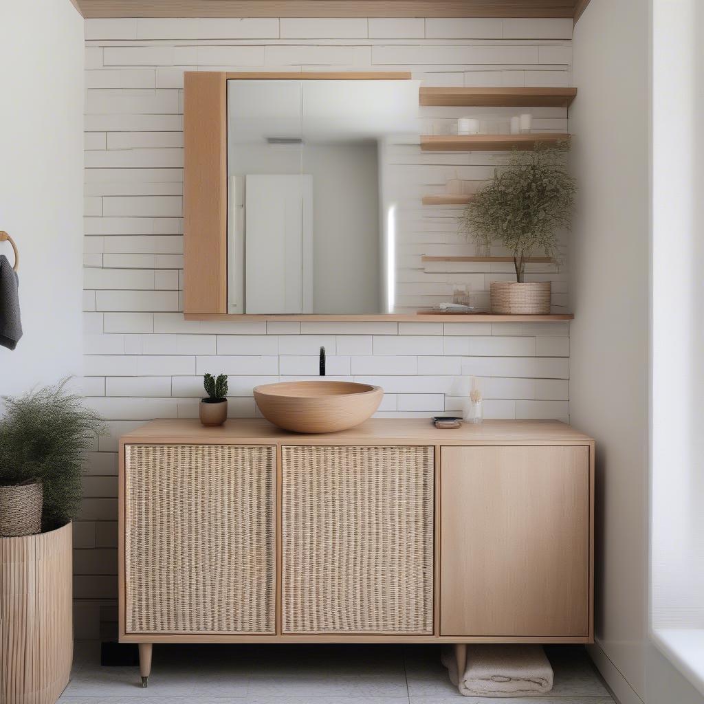 30x18 Wood Wicker Cabinet in a Bathroom Setting