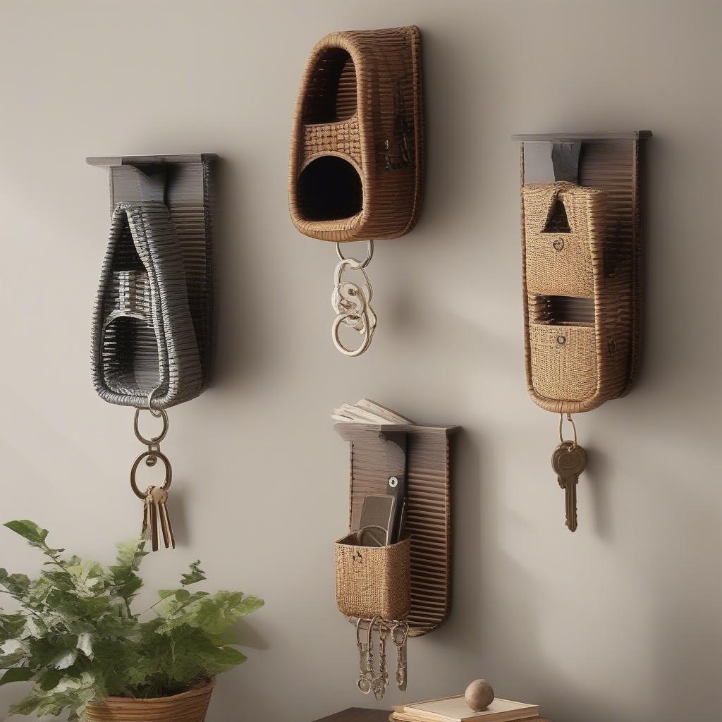 Various wood wicker letter key chain holders with handles displayed on a wall