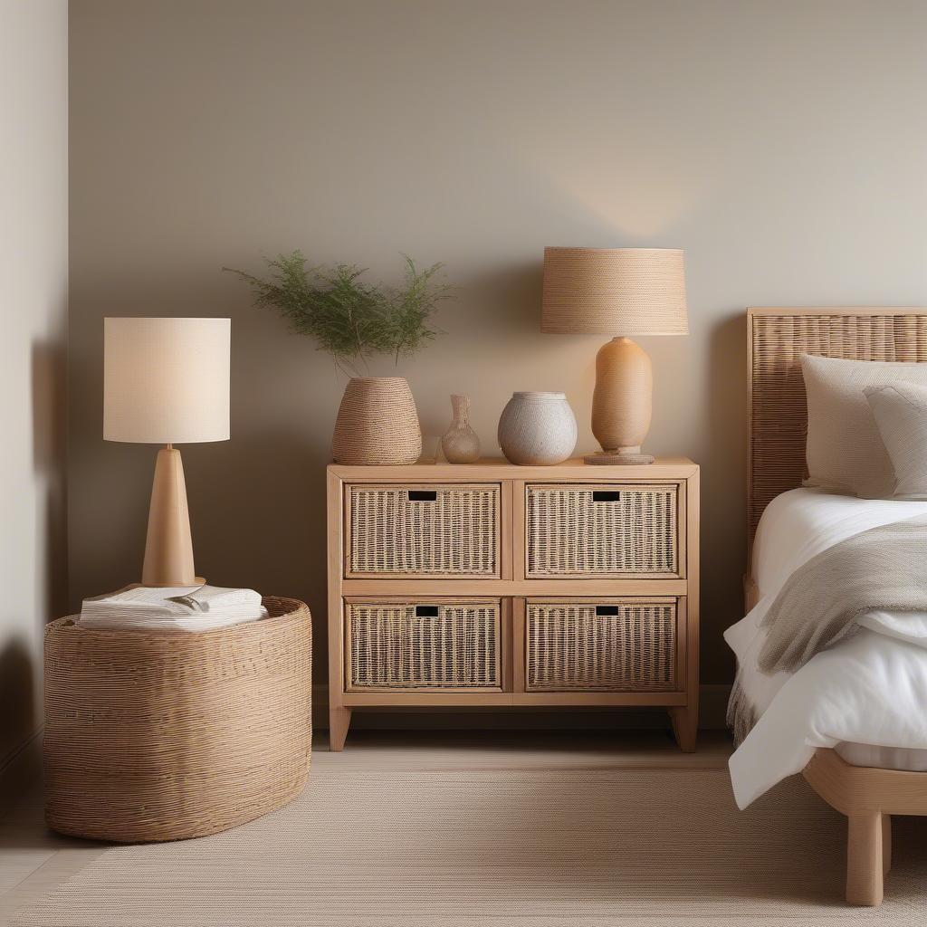 Wood and wicker storage unit in a serene bedroom setting, emphasizing its functionality and aesthetic appeal.