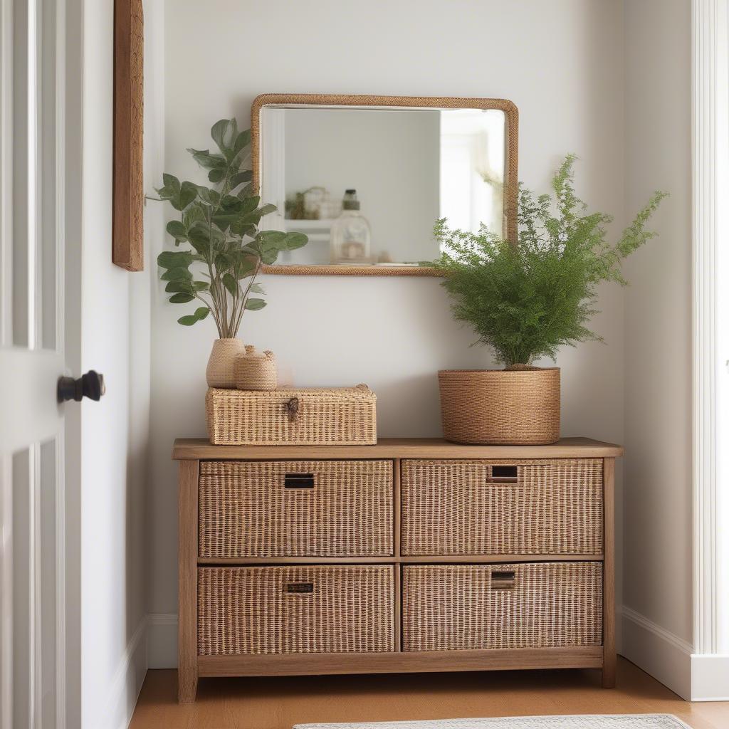 A wood & wicker storage chest in an entryway