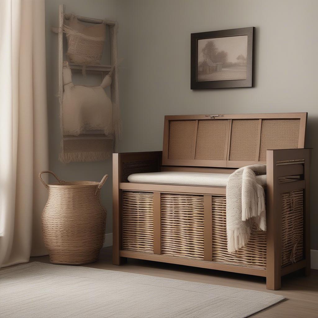 A beautiful wood & wicker storage chest in a living room setting