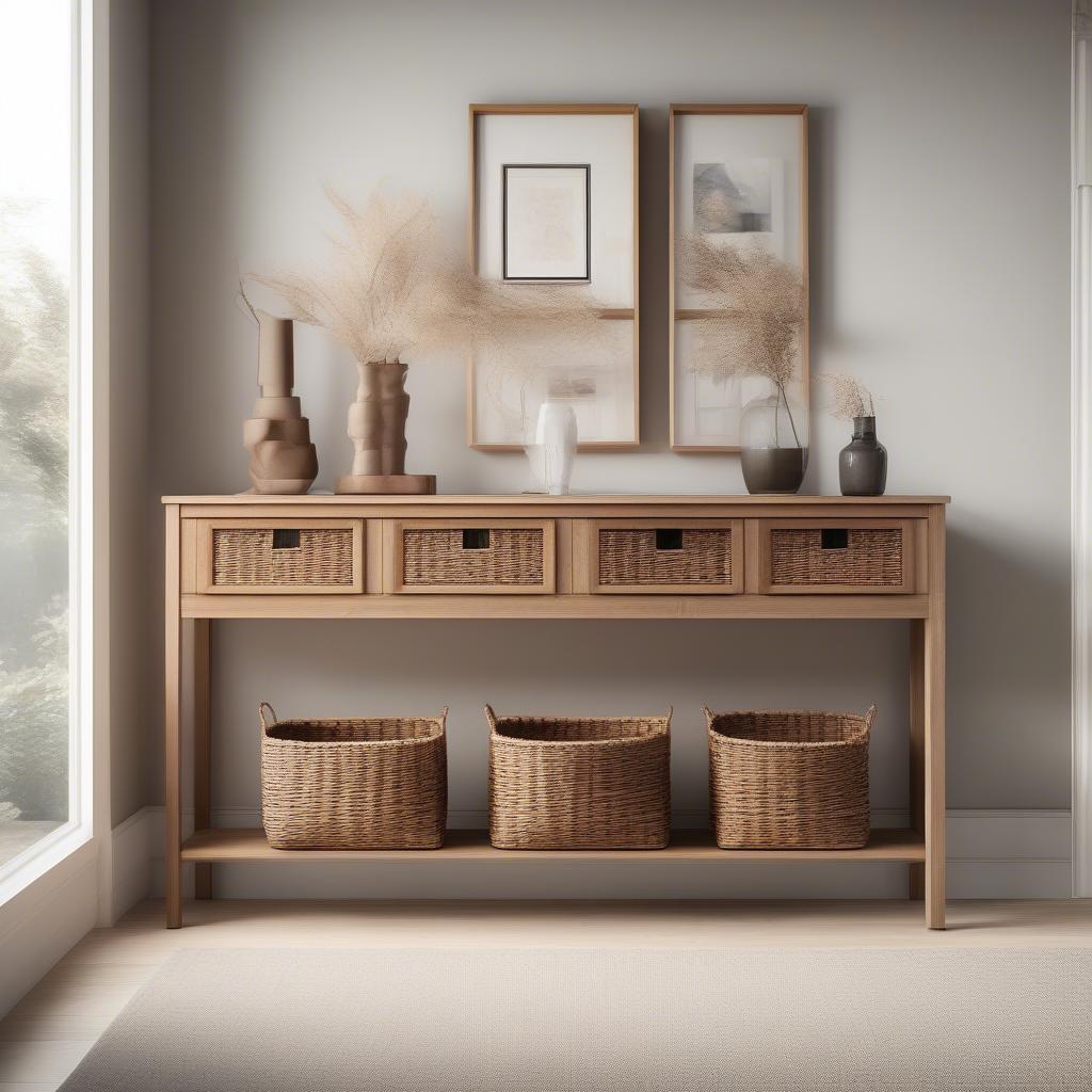 Wood and Wicker Storage Furniture in an Entryway