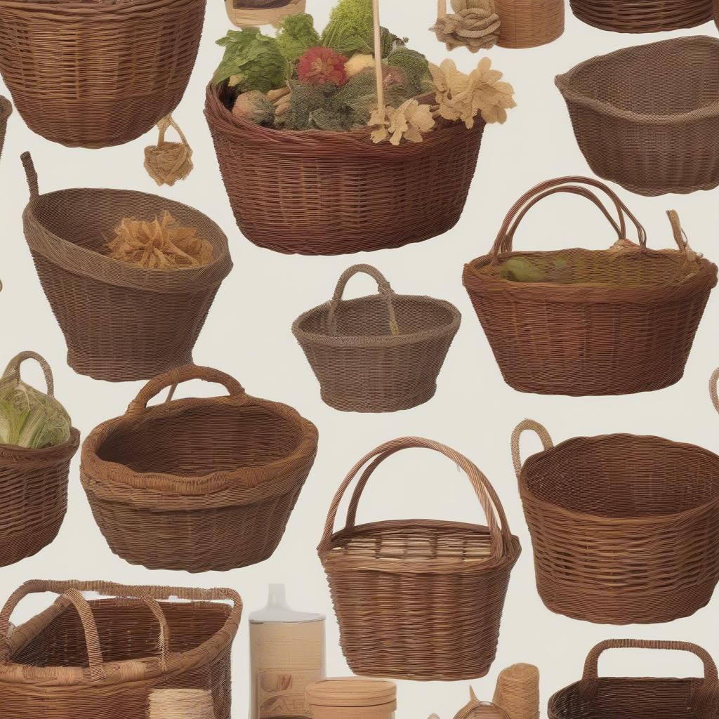 Various styles of wood wicker vegetable baskets for kitchen storage