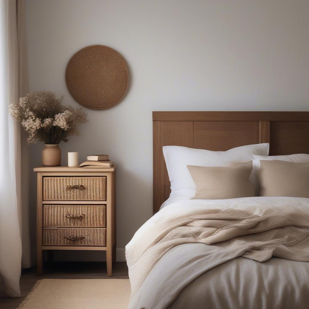 Wooden cabinet with wicker drawers as a nightstand in a bedroom.