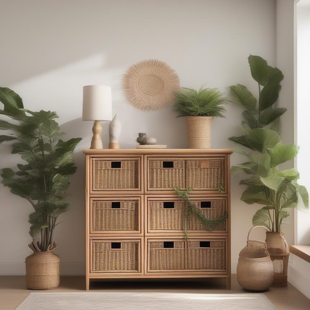 Wooden cabinet with wicker drawers in a living room setting