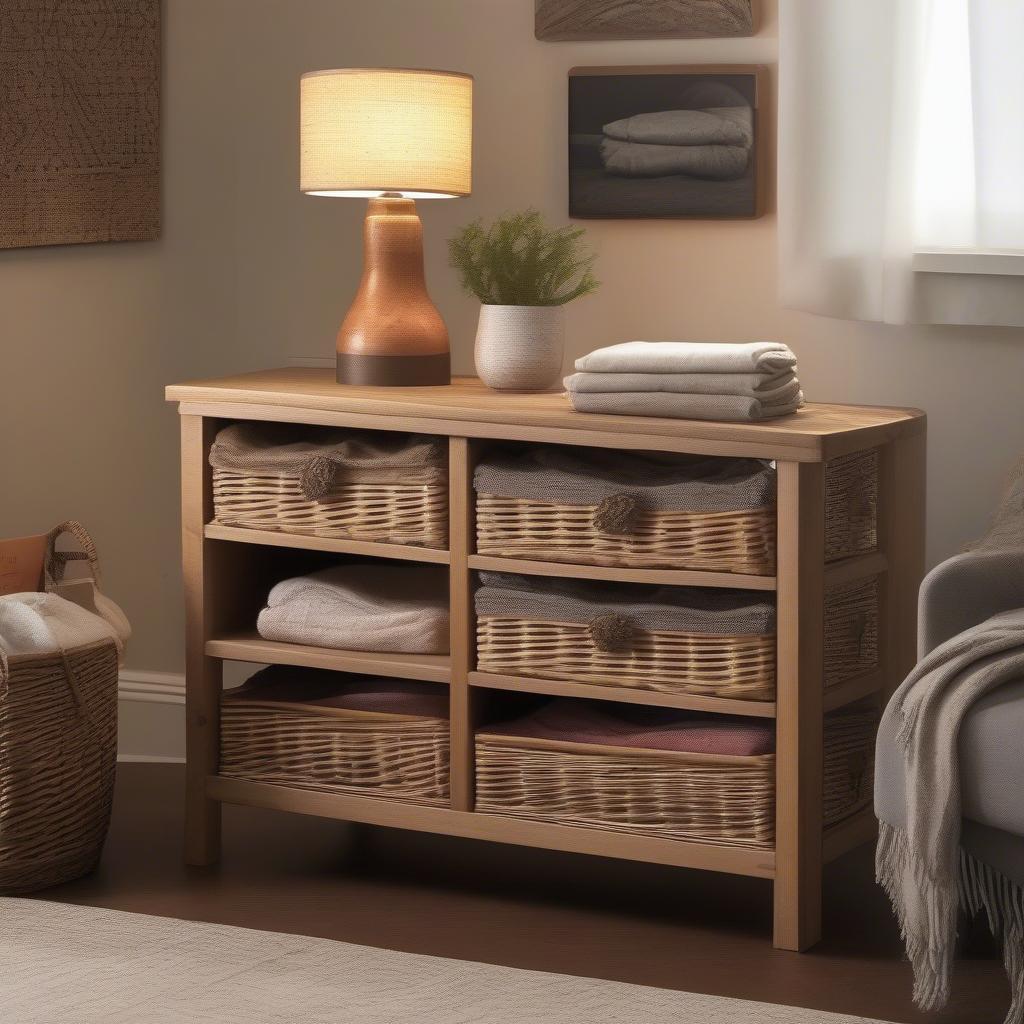 Wooden Frame Wicker Basket Drawer Storage Unit in a Living Room