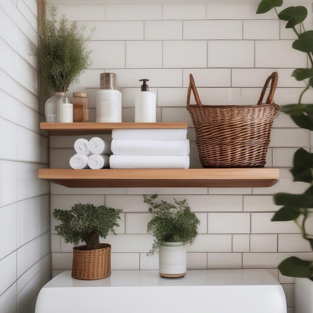 Wooden Shelf with Wicker Baskets in a Bathroom