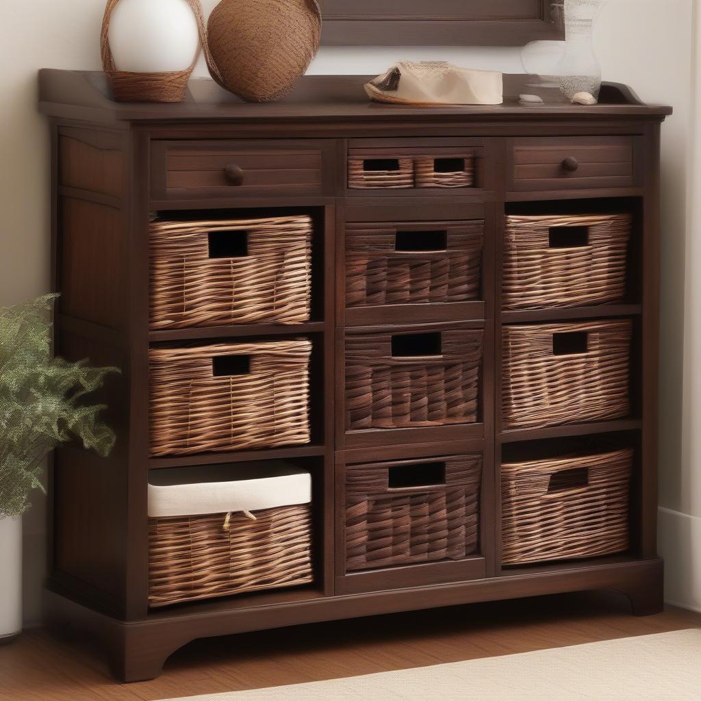 Wooden Storage Cabinet with Wicker Baskets