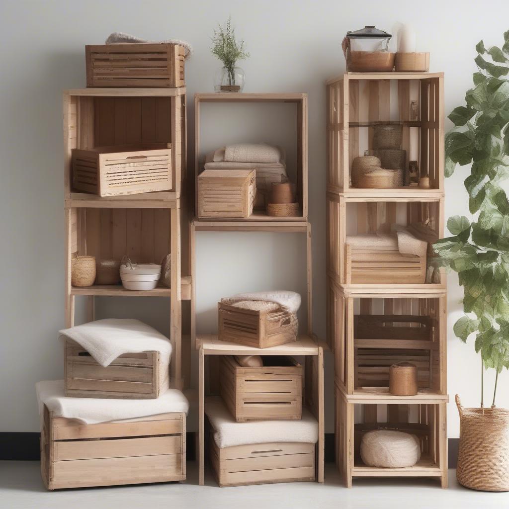 Wooden storage crates stacked neatly on a shelf, showcasing their rustic charm and efficient space utilization.