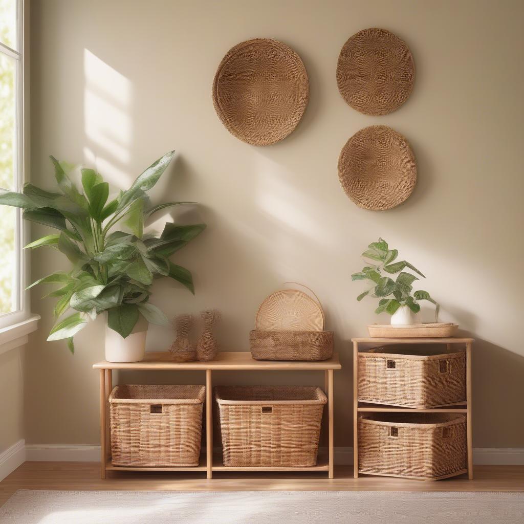 Wooden Storage Shelf with Wicker Baskets in a Living Room