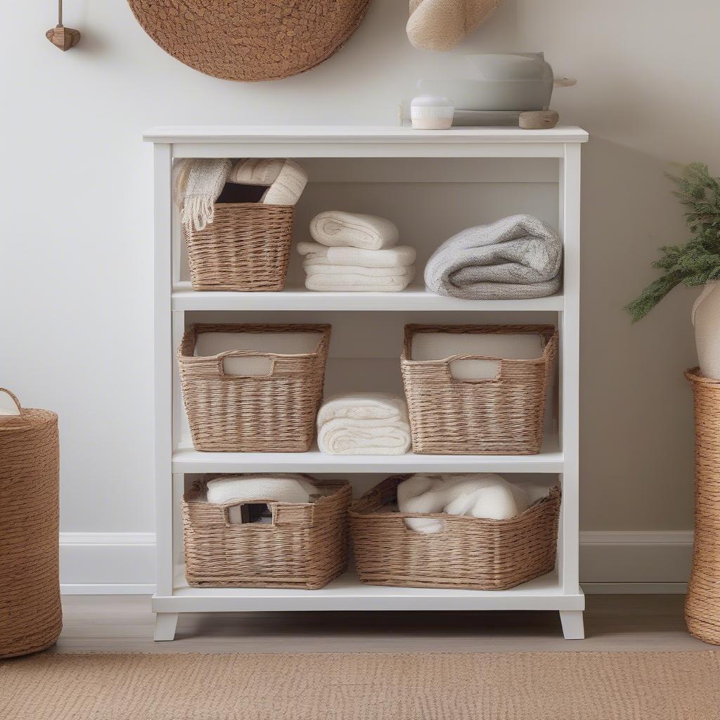 Farmhouse Style Wooden Storage Unit with Wicker Baskets