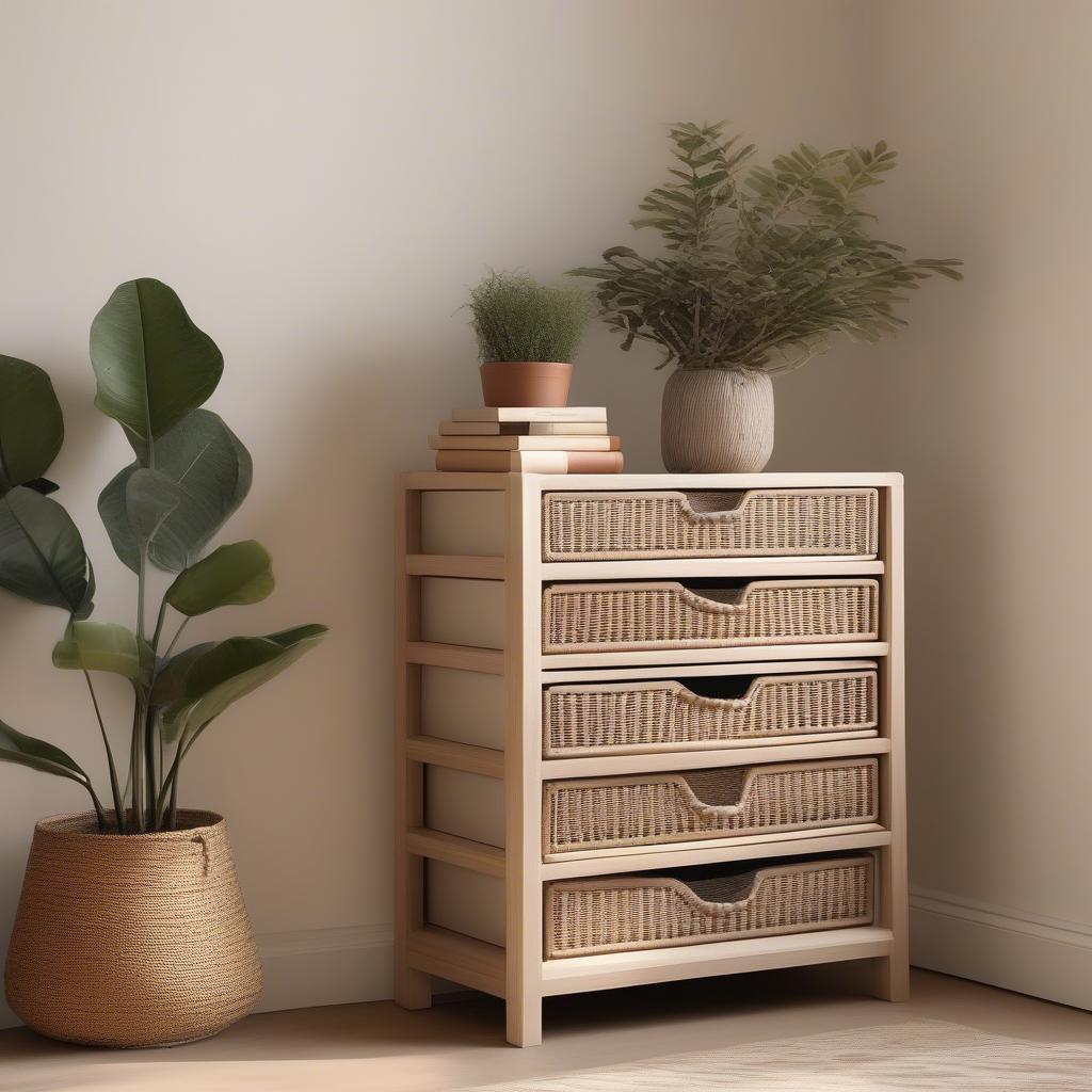 Wooden storage unit with wicker drawers in a living room setting