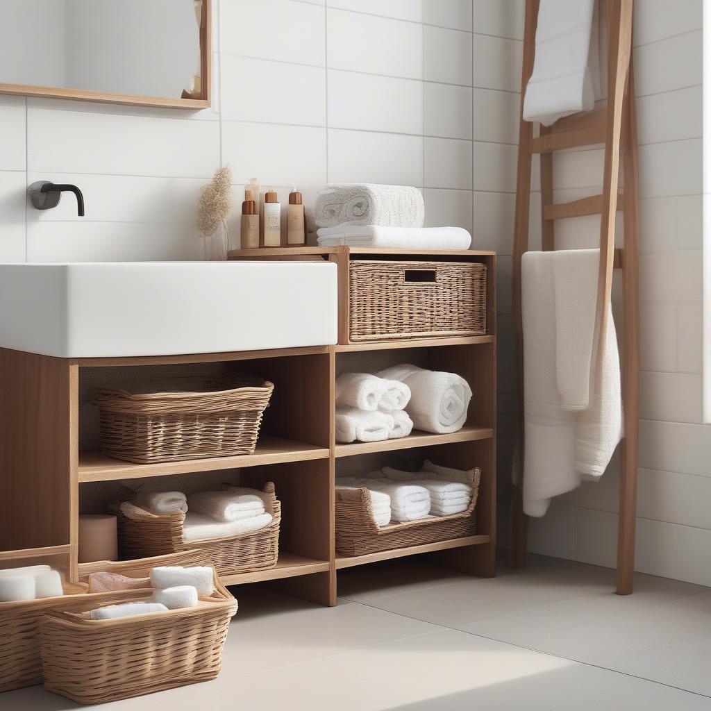 Wooden Storage with Wicker Baskets in a Bathroom