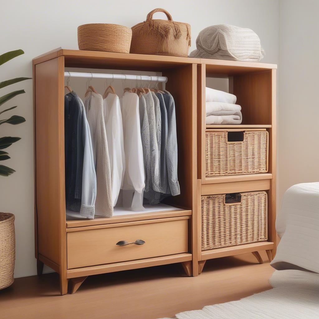 Wooden storage unit with wicker drawers in a bedroom