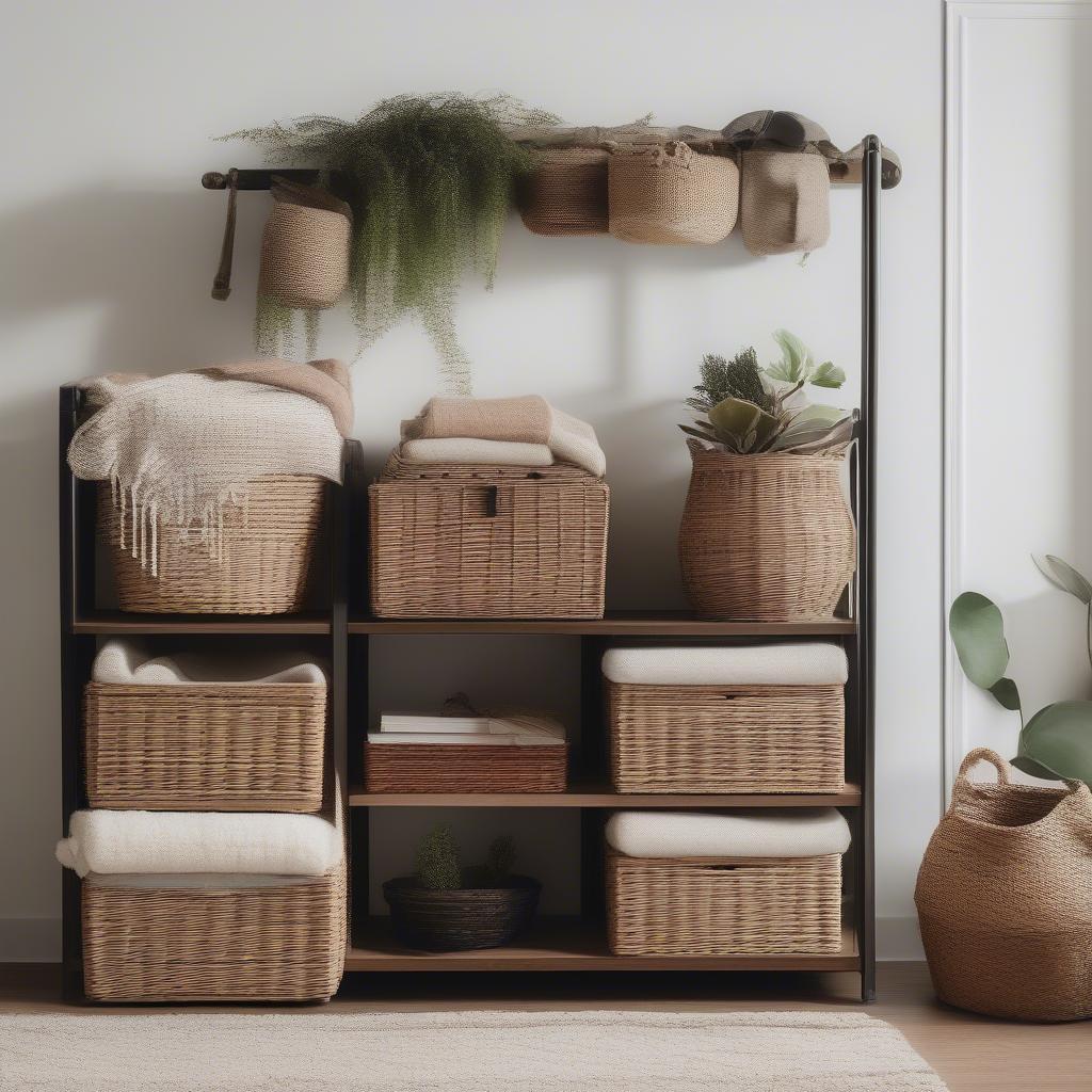 Wooden and wicker storage unit in a living room