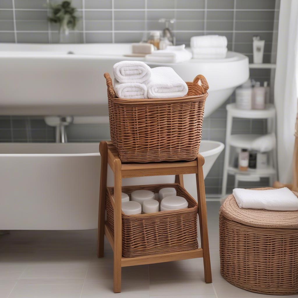 Woodluv Wicker Storage Basket in a Bathroom Setting