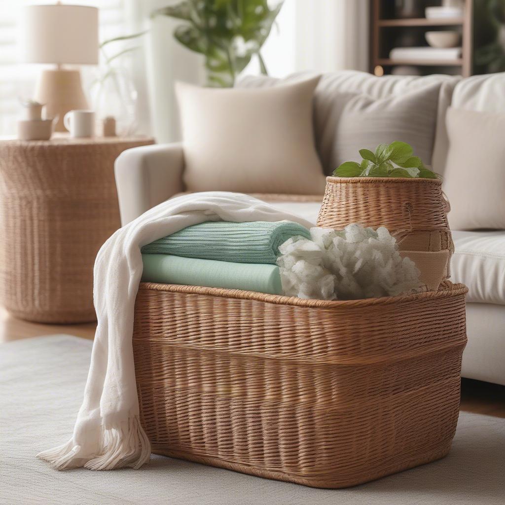 World Market Wicker and Mint Storage Basket in a Living Room