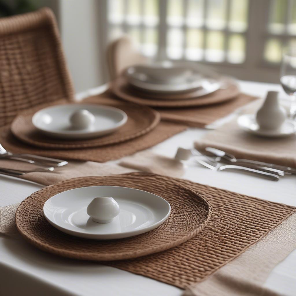 Woven wicker placemats on a dining table setting, showcasing their natural beauty and texture.