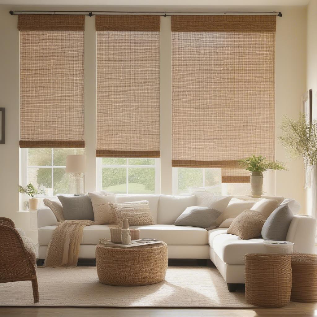 Woven wicker roller blinds in a living room setting