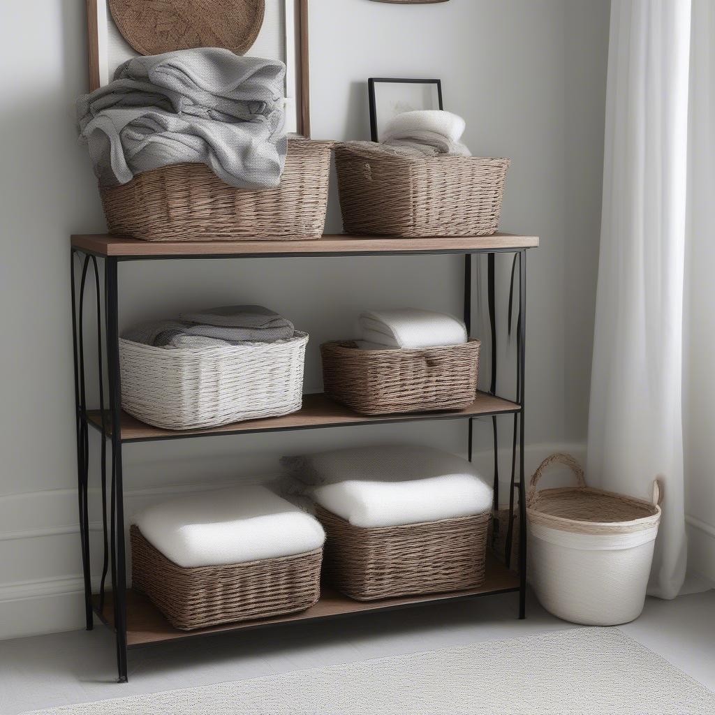 Wrought Iron Console Table with Wicker Baskets