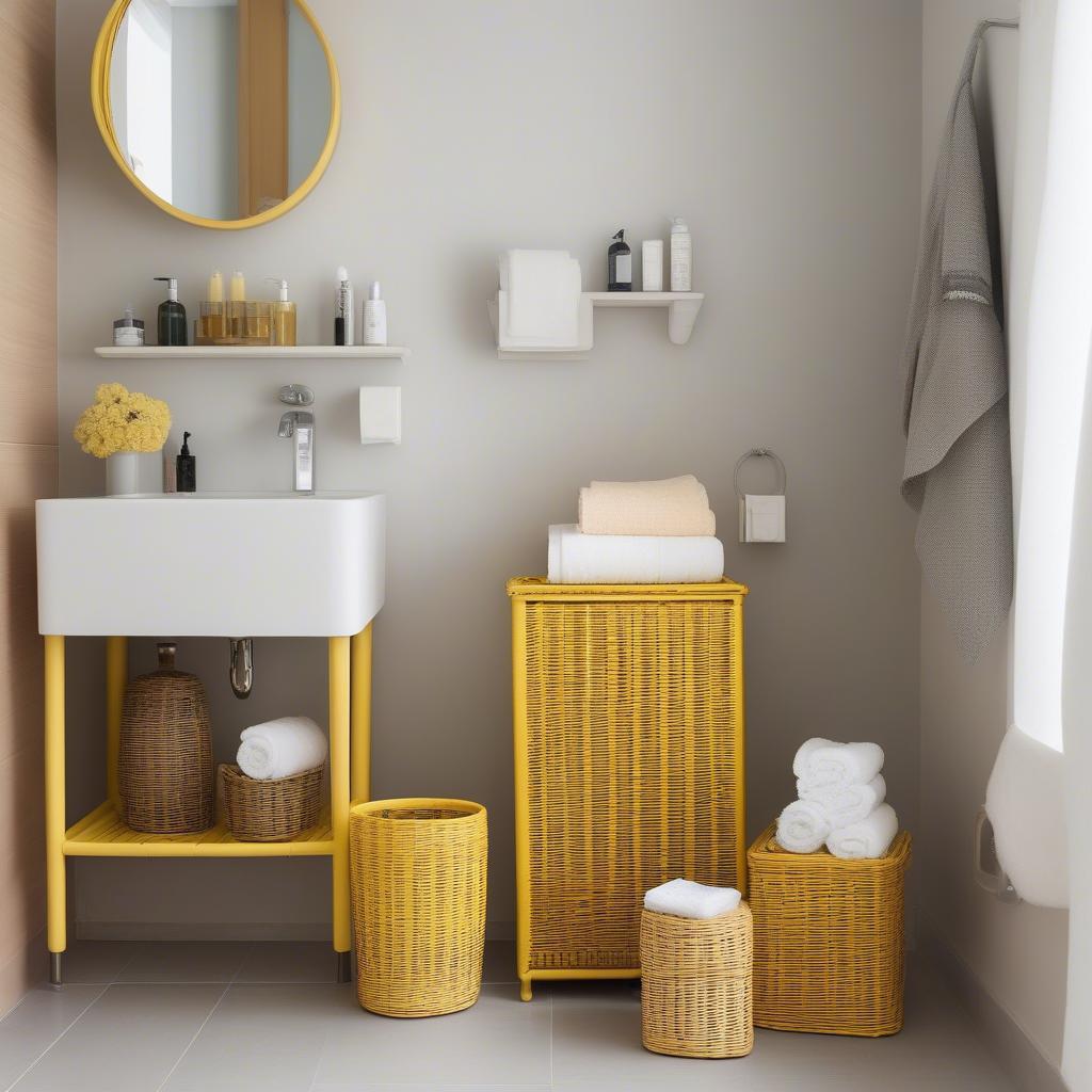 Yellow wicker storage basket in a bathroom