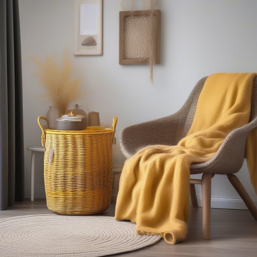 Yellow wicker storage baskets in a living room setting