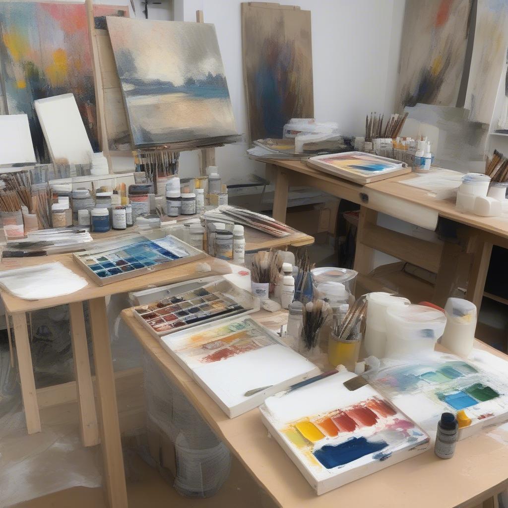 Artist's setup with 11x14 canvases, paints, and brushes