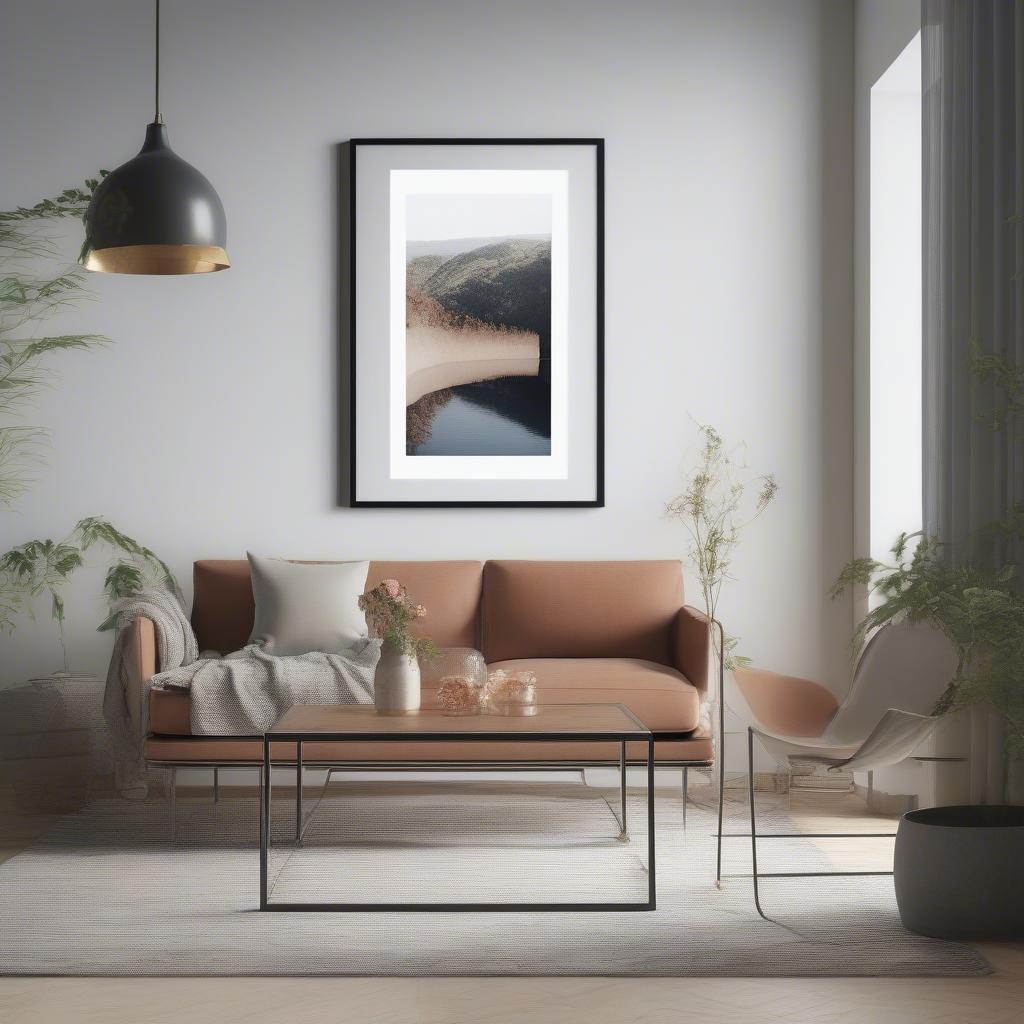 An 11x14 framed print without a mat in a modern living room setting.