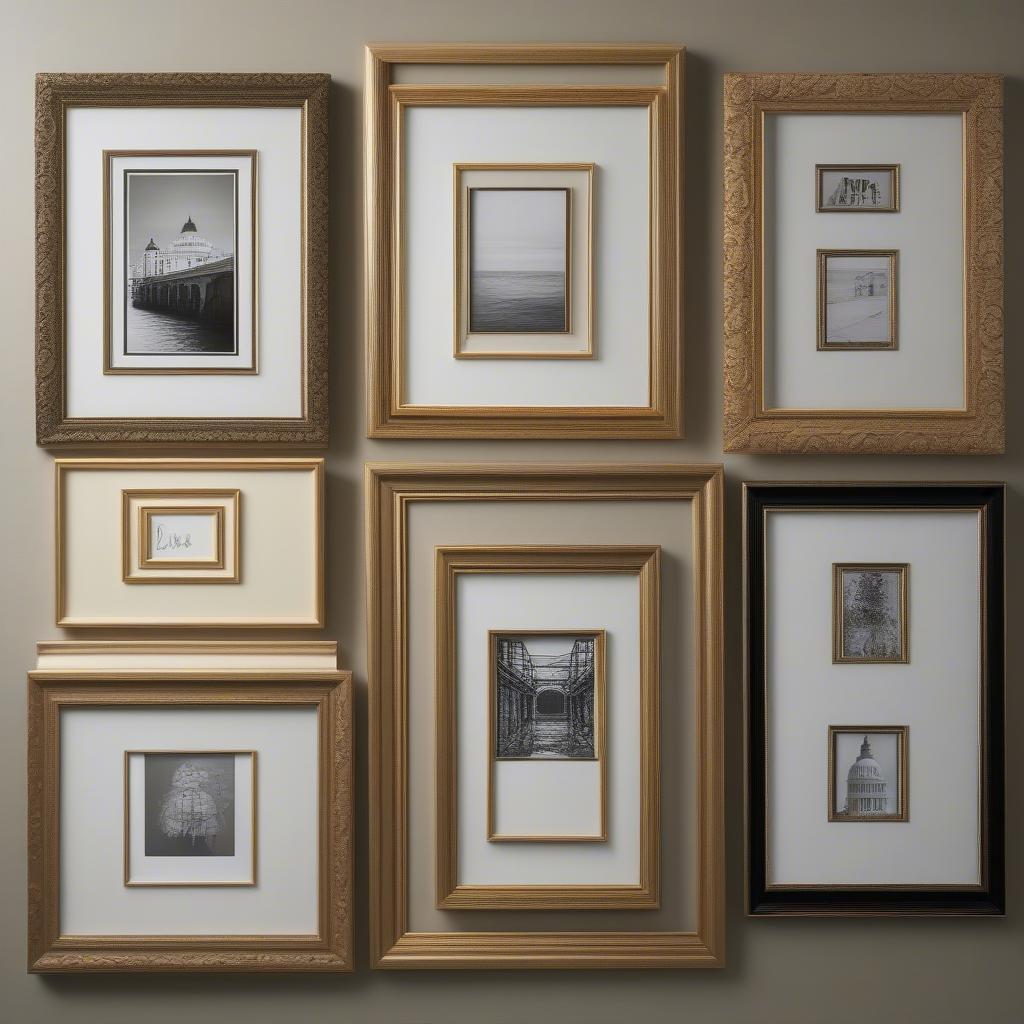 Various 11x14 gold frames with different mat styles and colors