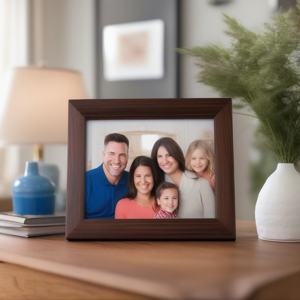 11x14 tabletop picture frame displaying a family portrait on a wooden table in a cozy living room