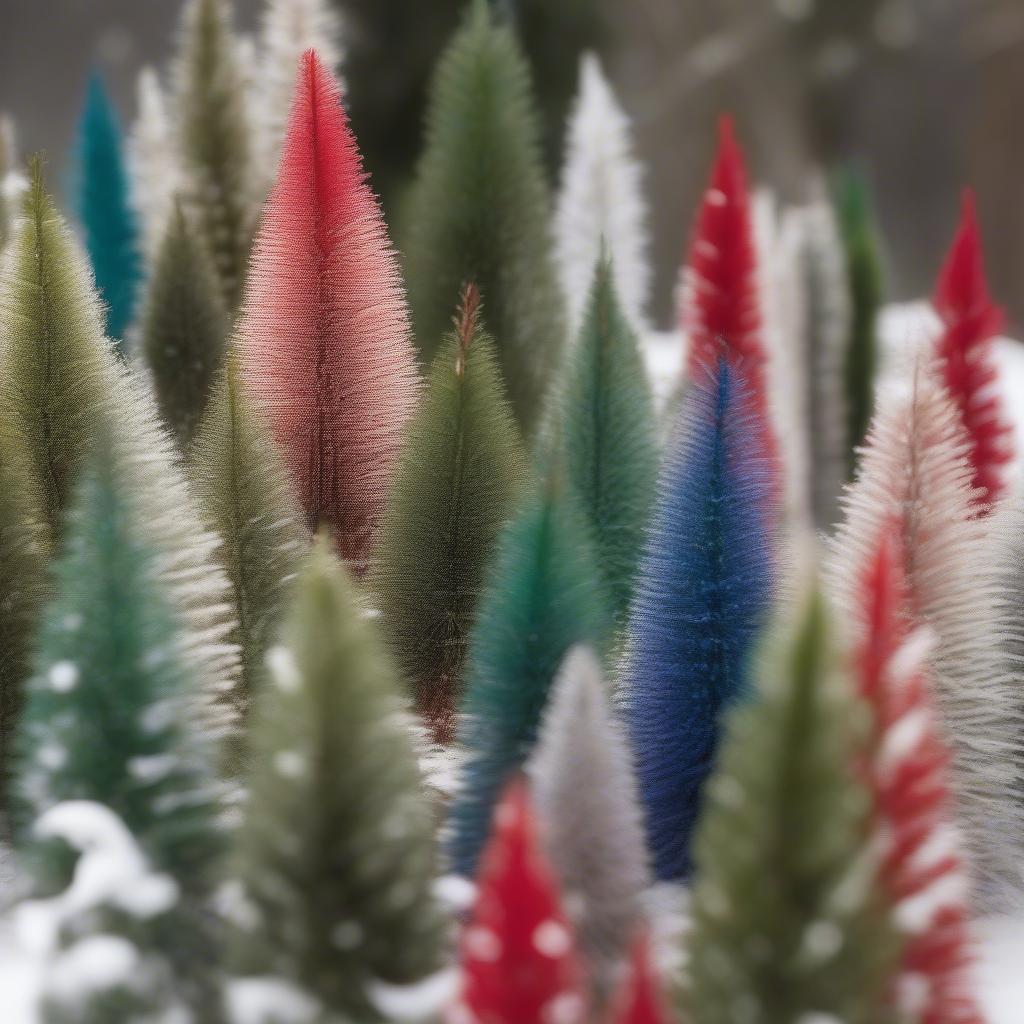 Assorted 12 bottle brush trees in various colors displayed on a wooden table.