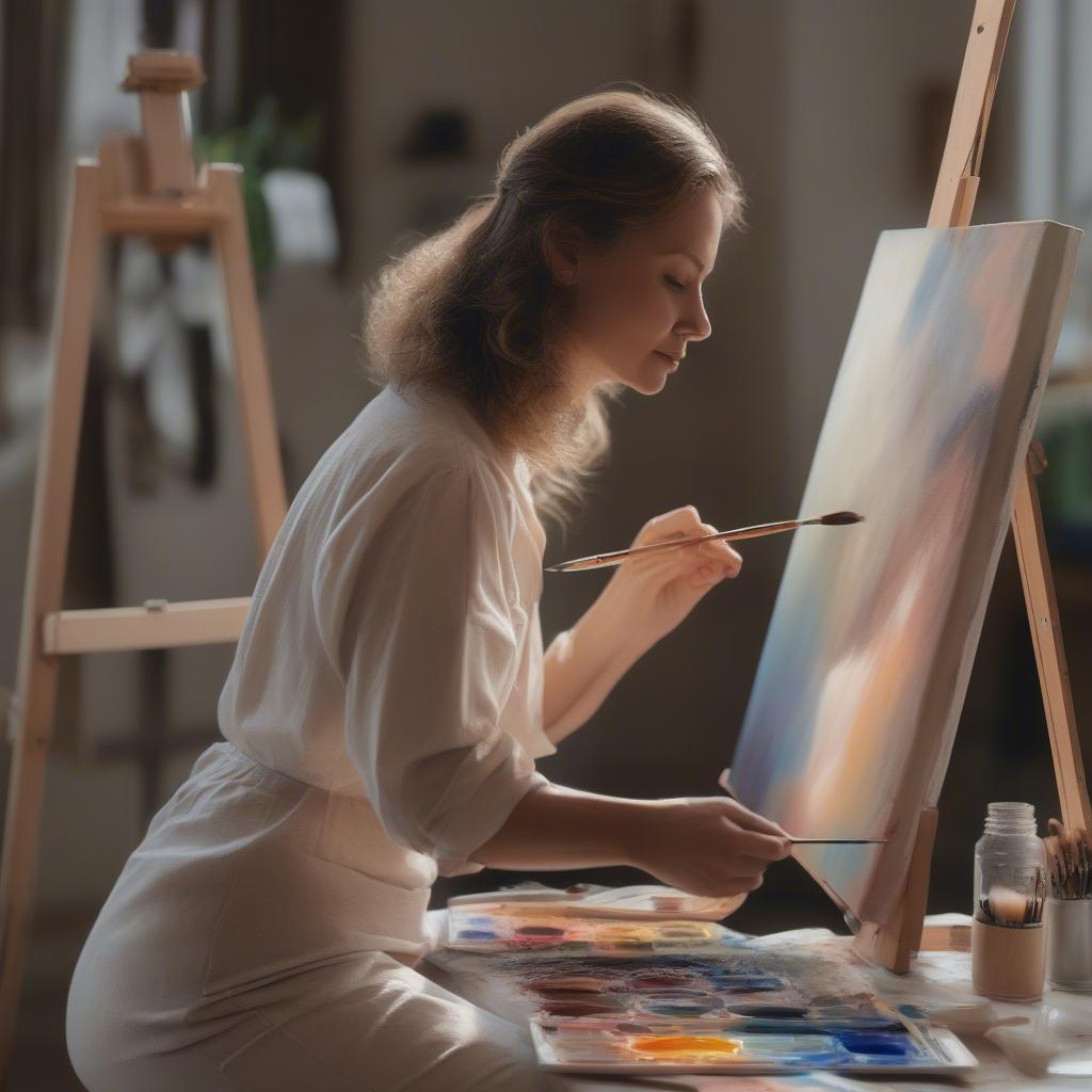 Woman painting a portrait on a 12x16 canvas