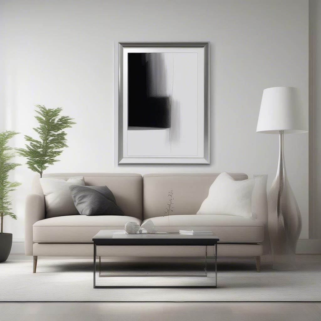 A sleek 13x10 metal picture frame in a modern living room.