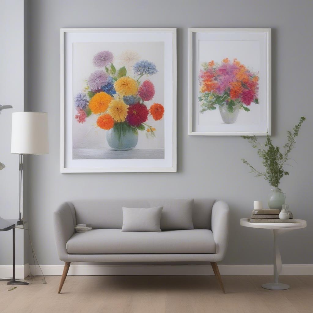 16x16 white frame displayed on a wall showcasing a vibrant floral print