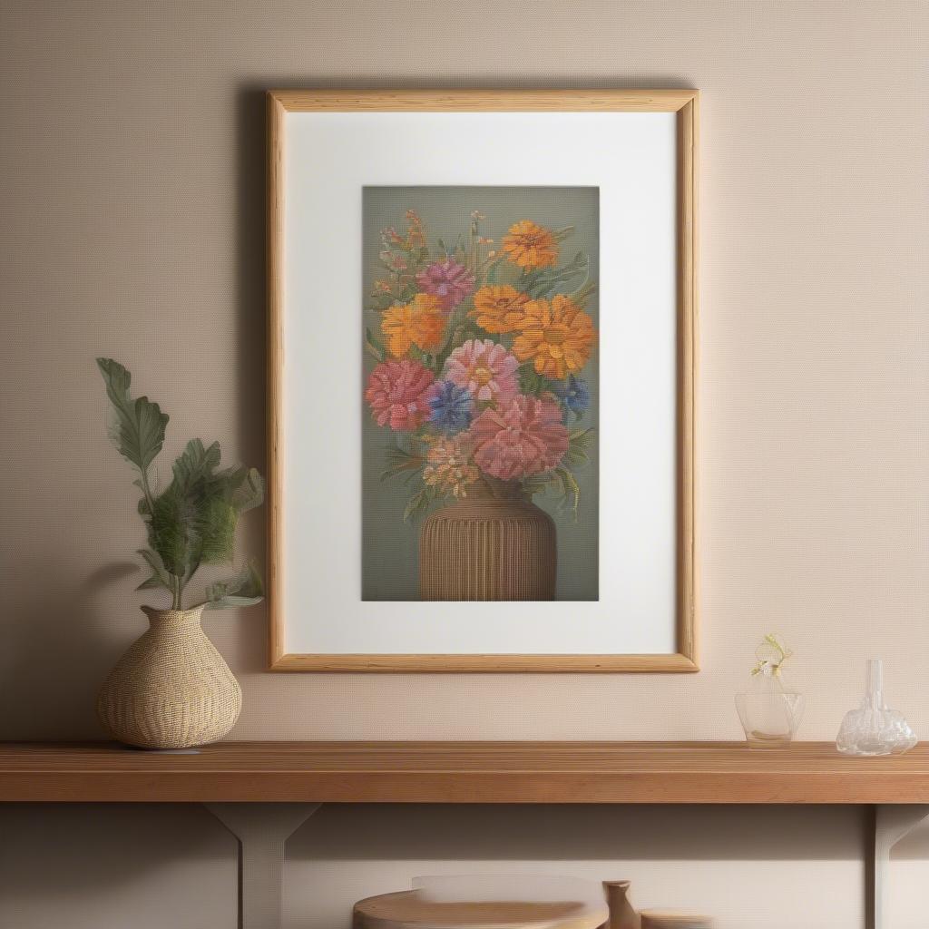 A beautifully crafted 16x16 wicker frame showcasing a vibrant floral print on a wall with soft, natural lighting.