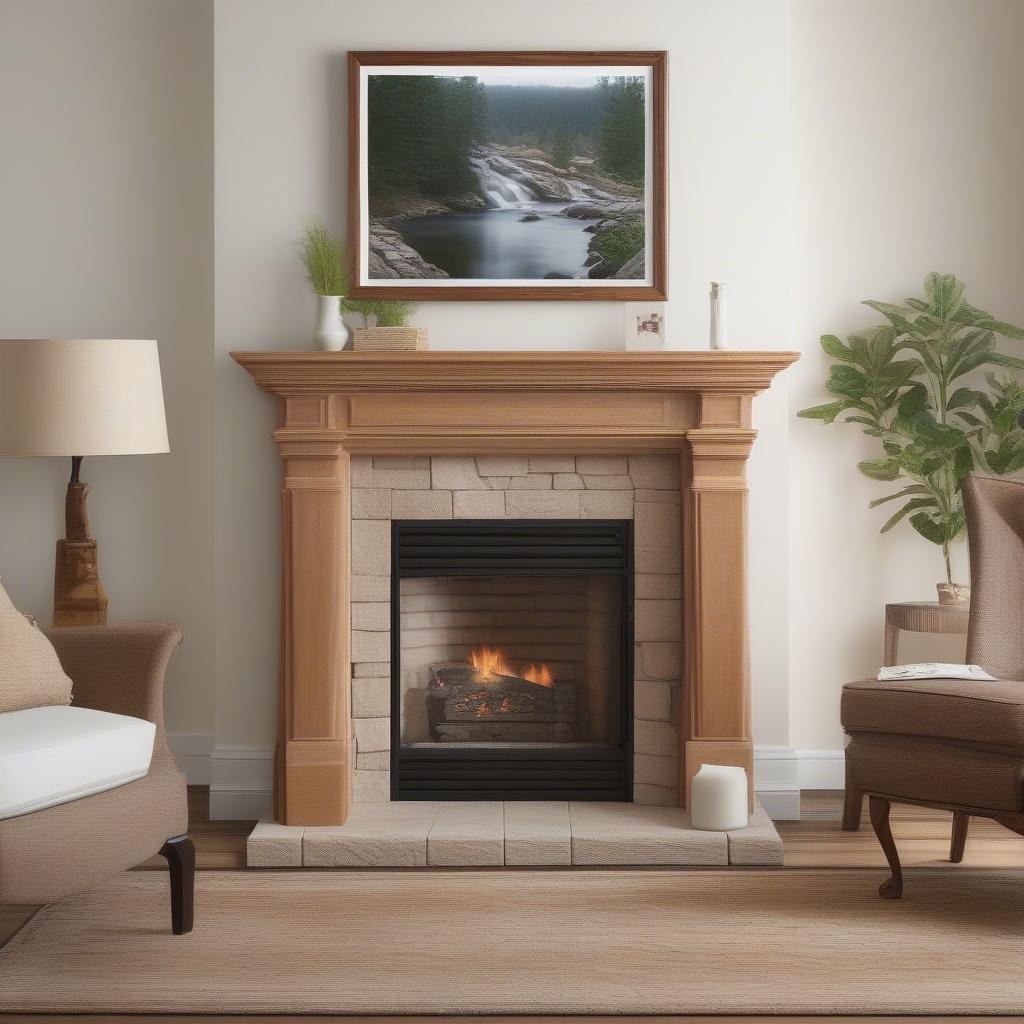 16x16 landscape picture in a wooden frame hanging above a fireplace