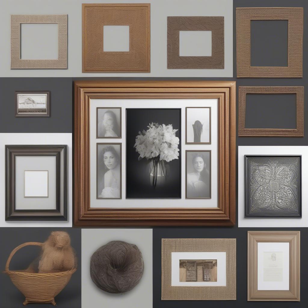 Various styles of 20x20 picture frames, including wood, metal, and wicker.