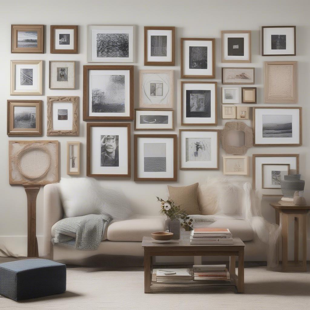 A gallery wall featuring a variety of 20x20 picture frames in different styles and materials, showcasing diverse artwork and photographs.