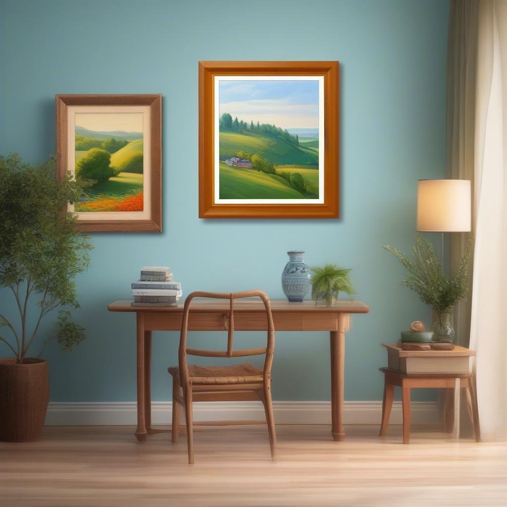 20x20 Wood Picture Frame showcasing a landscape painting in a cozy living room setting