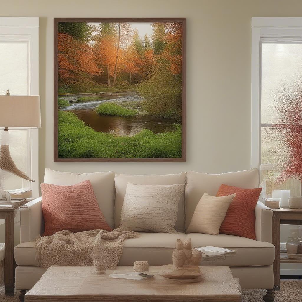 20x20 Wooden Poster Frame showcasing a nature photograph in a living room setting