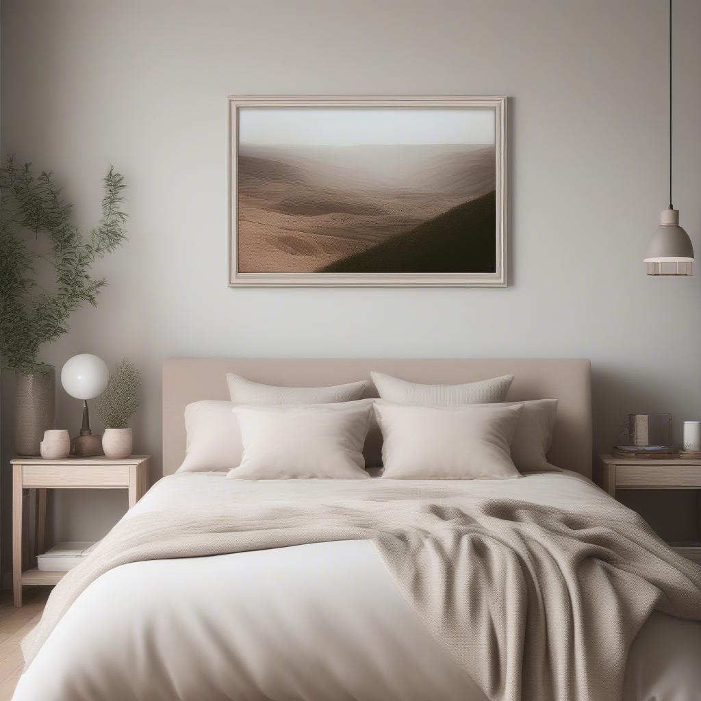 20x30 Frame on Bedroom Wall: A serene landscape photo displayed in a simple white frame above a bed.