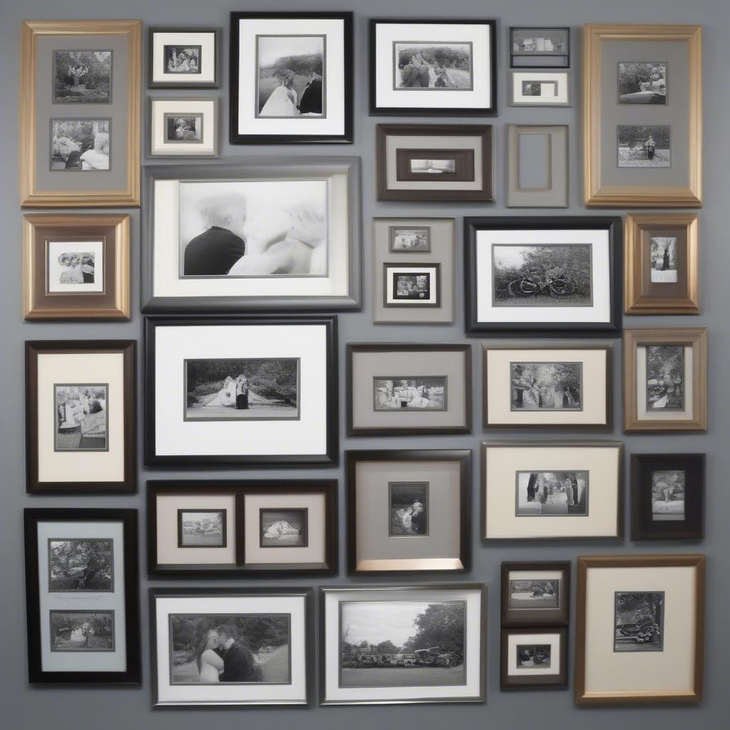 Different 20x30 matted picture frames displayed on a wall, showcasing various materials and styles