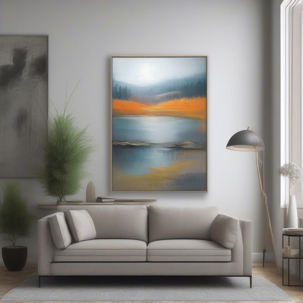 A large 24x36 framed canvas print hanging above a sofa in a modern living room, showcasing a vibrant landscape painting.