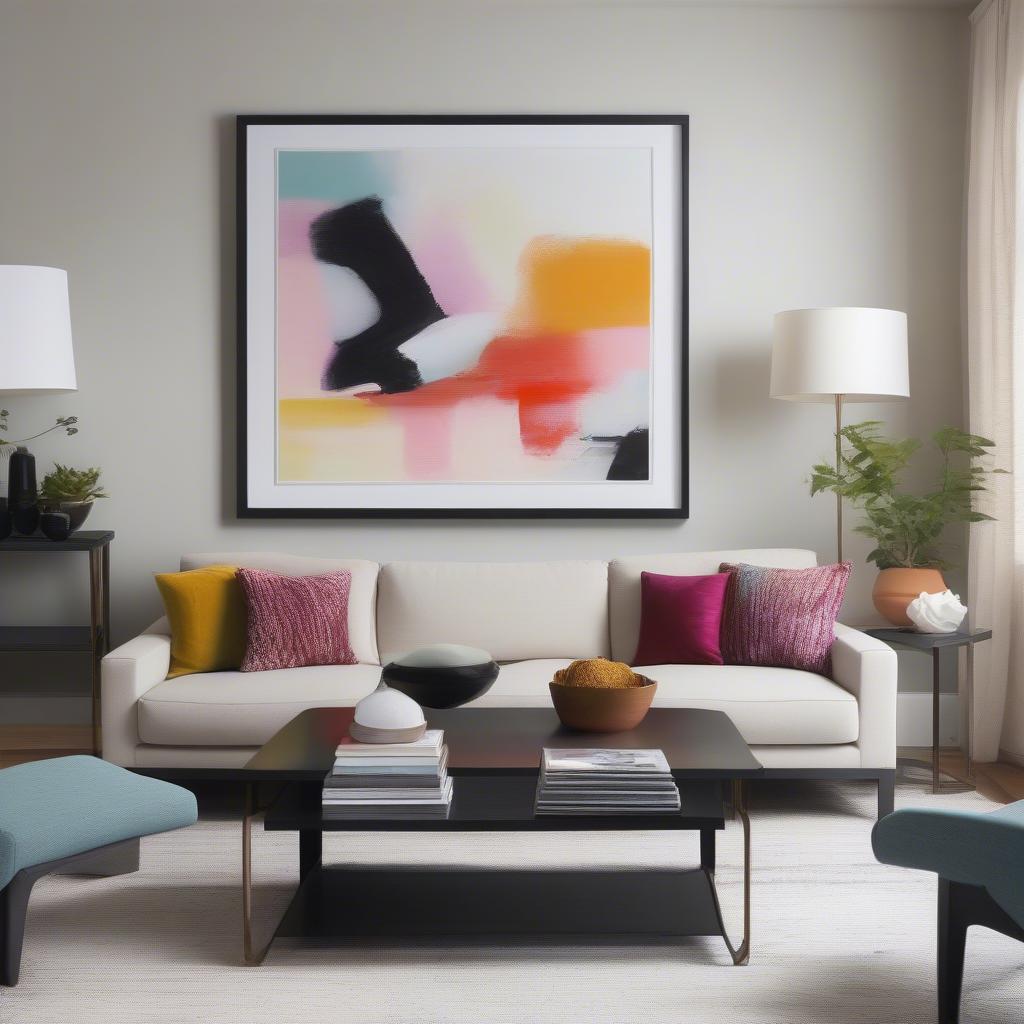 A sleek 25x25 black picture frame hangs in a modern living room, showcasing a vibrant abstract painting. The frame's minimalist design complements the artwork and the room's contemporary decor.